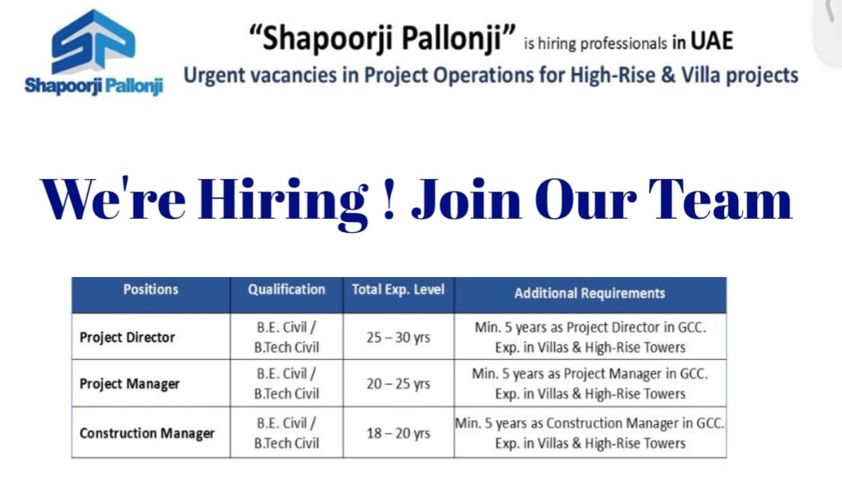 Shapoorji Pallonji Urgent Hiring Professionals in UAE
