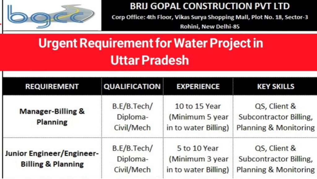 Brij Gopal Construction Job Opportunity