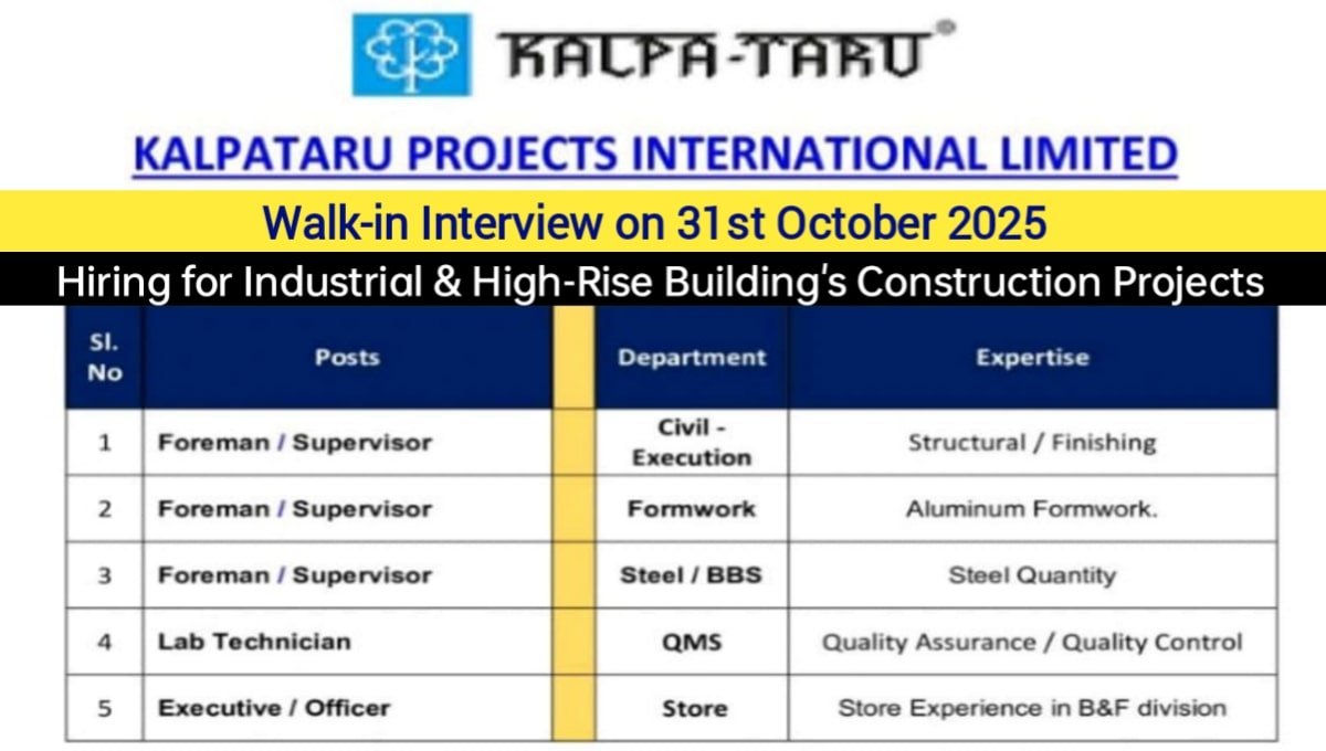 Kalpataru Projects International Ltd Walk-In Interview on 31st October 2025