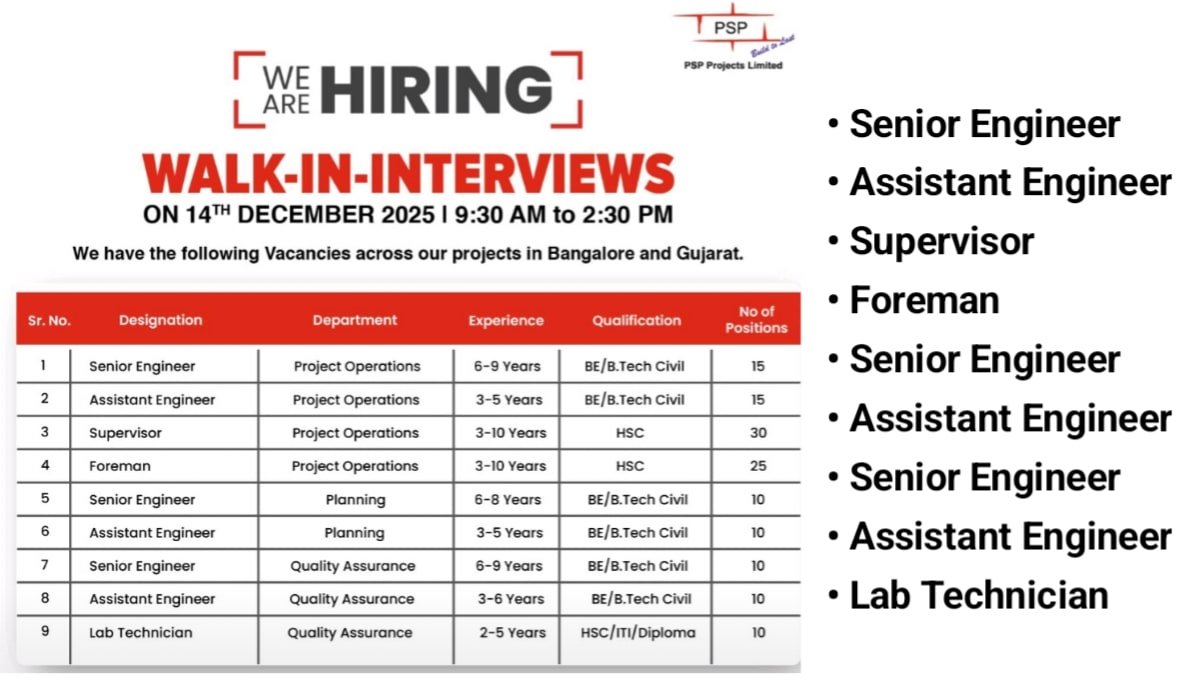 PSP Projects Walk-in Interview on 14th December