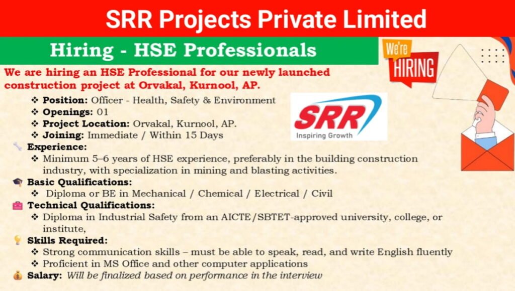 SRR Projects Pvt Ltd Hiring - HSE Professionals