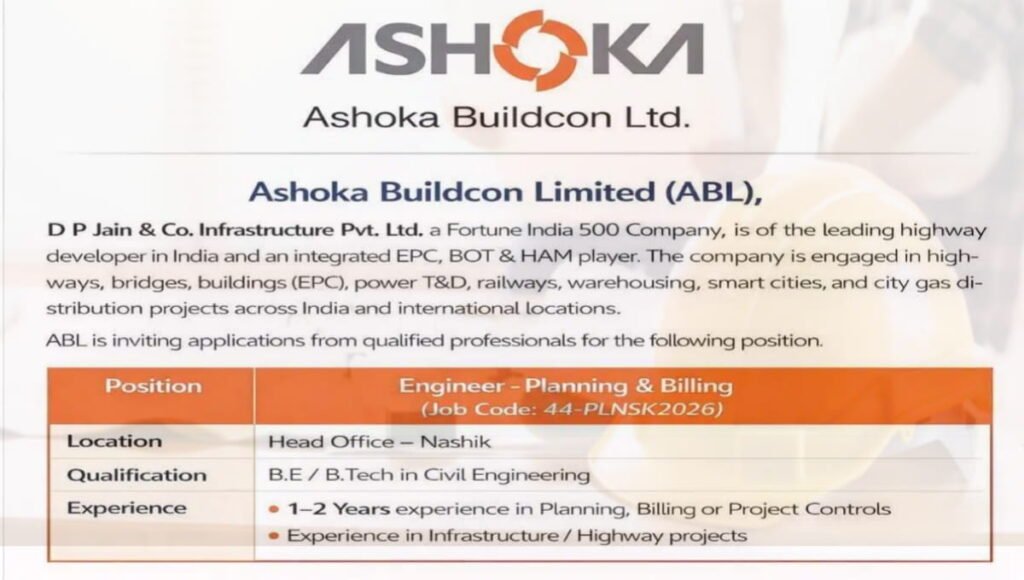 Ashoka Buildcon Job Vacancy 2026