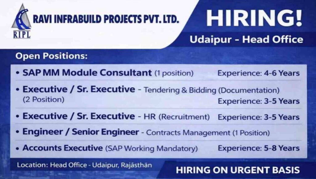 Ravi Infrabuilt Projects Ltd Urgent Hiring 2026