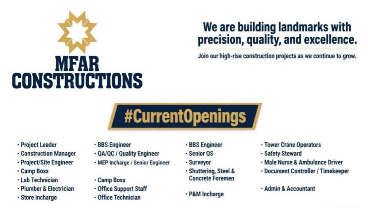 MFAR Constructions Hiring 2026