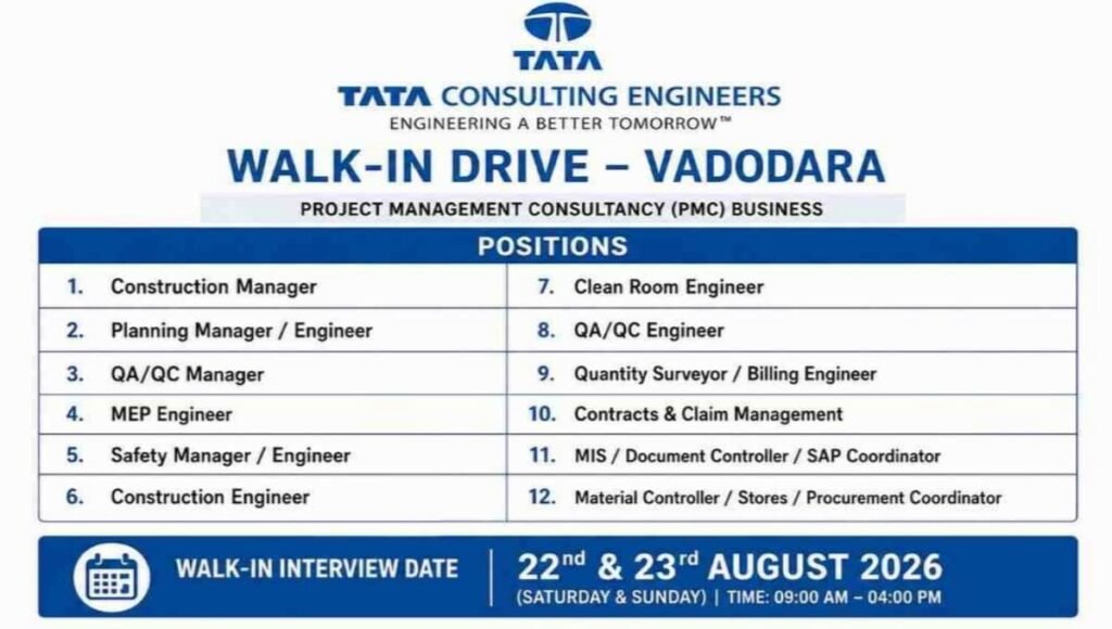 Tata Consulting Engineers Walk-In Drive at Vadodara