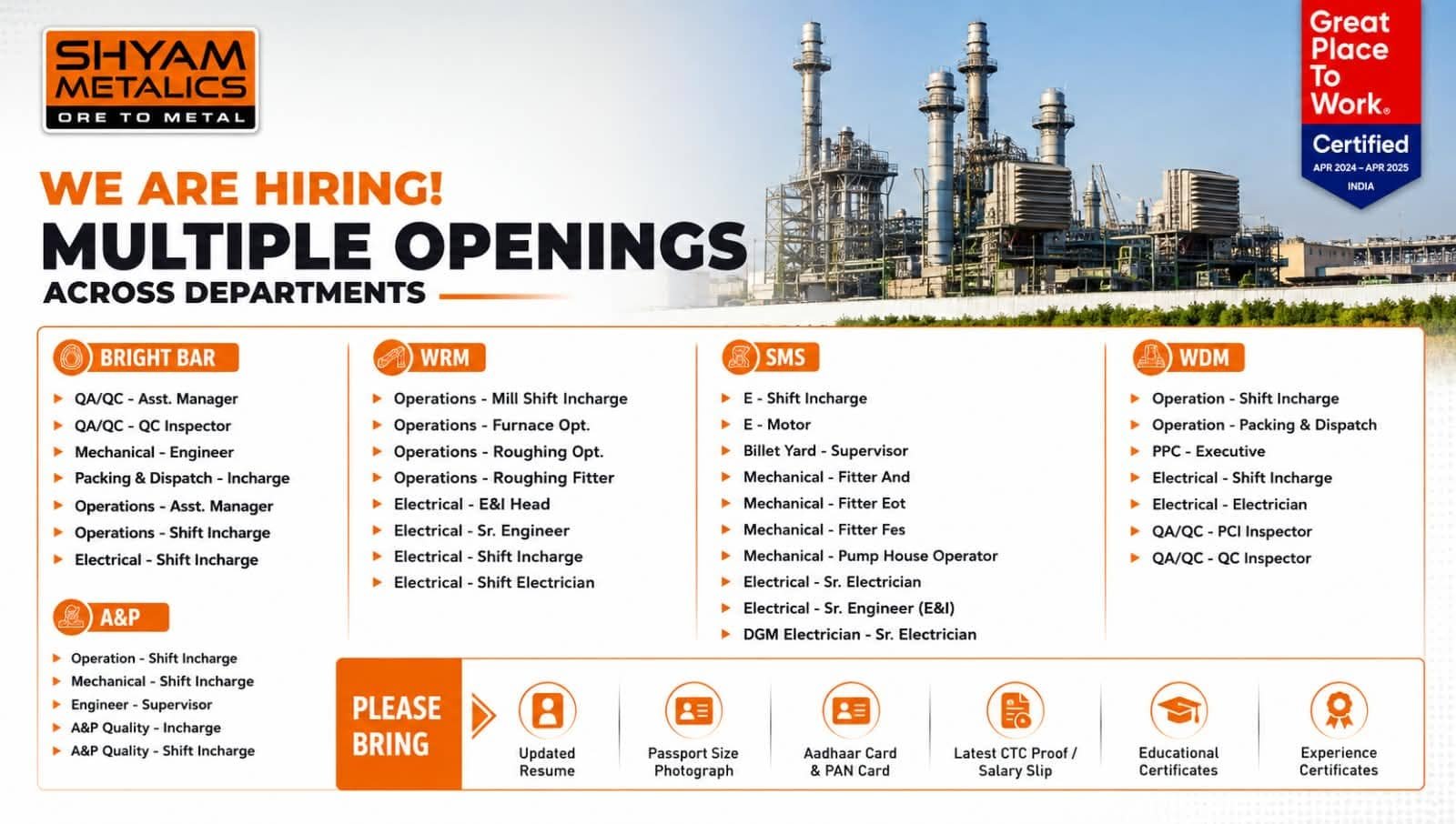 Shyam Metalics Walk-In Interview